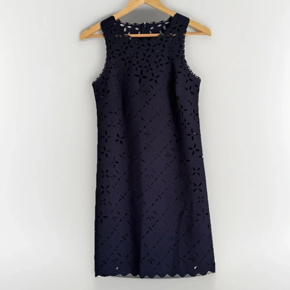 J. Crew Women’s Navy Floral Laser Cut Eyelet Dress Sz 0 Scalloped Quiet Luxury